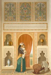Cairo: Interior of the domestic house of Sidi Youssef Adami: a woman standing in a room of rich mosaic and marble decoration, 19th century